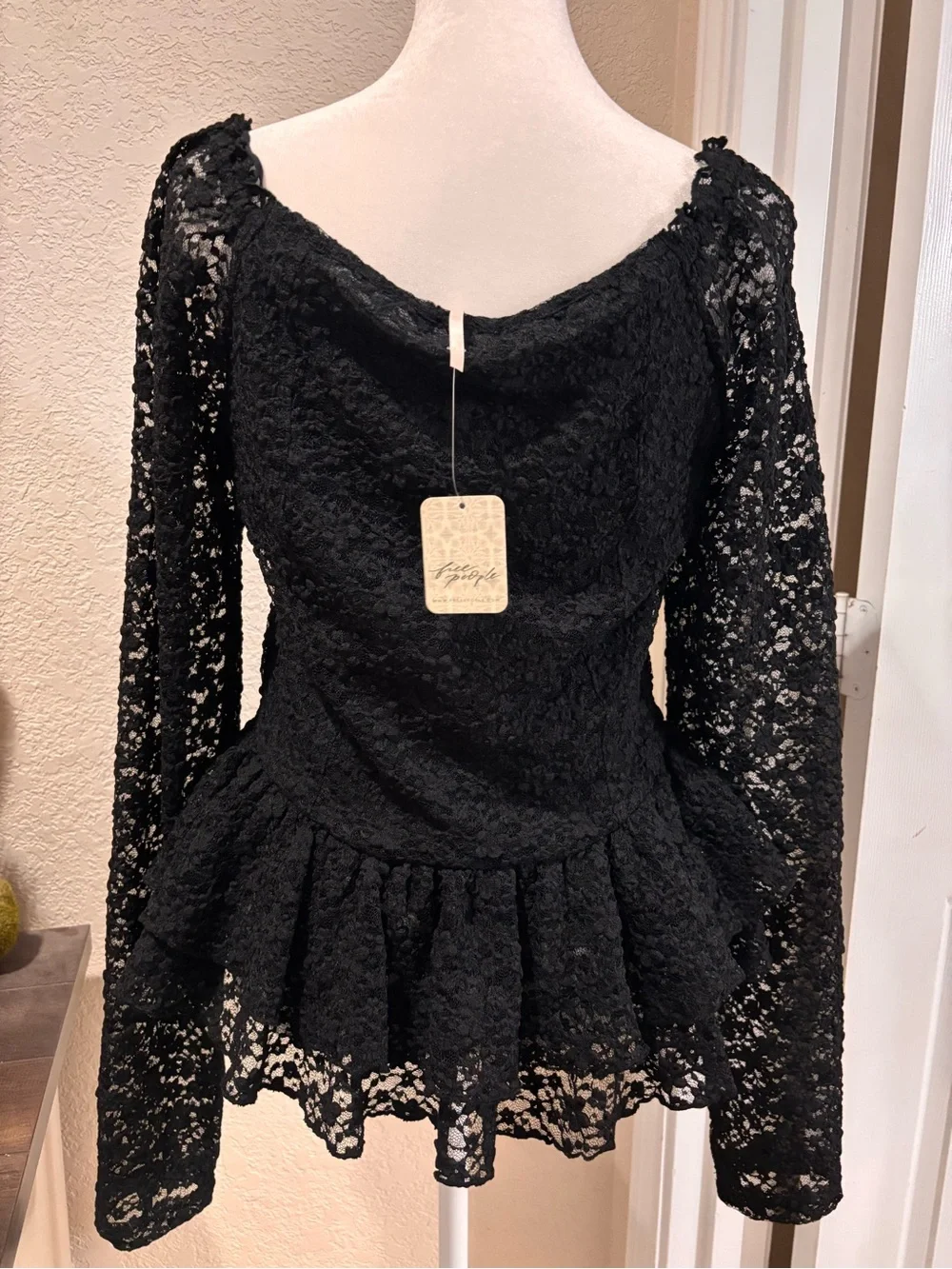 Free People Black Lace V-Neck Peplum Blouse
